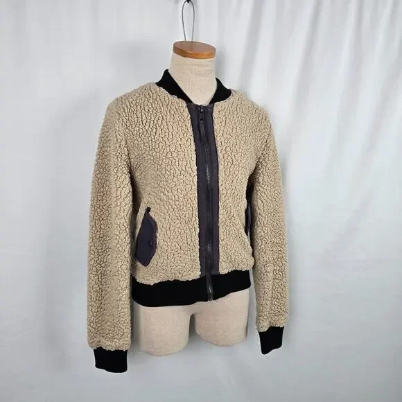 Anthropologie Marrakech Sherpa Bomber Jacket Women's S Tan Black Zip Up - Picture 3 of 14